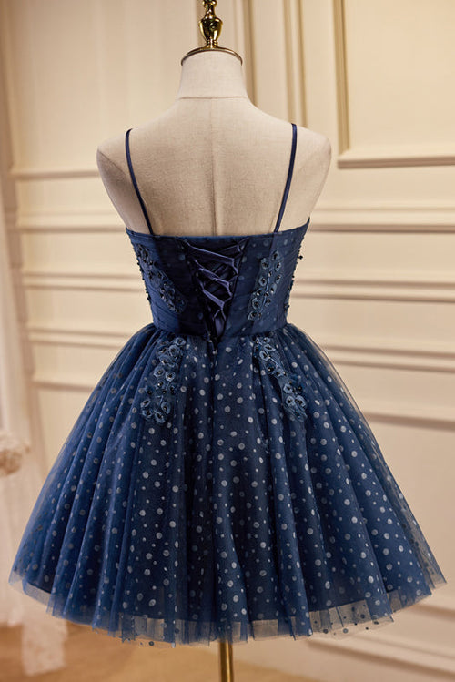 Luolandi A line Spaghetti Straps Tulle Homecoming Dress Navy Blue Short Party Dress